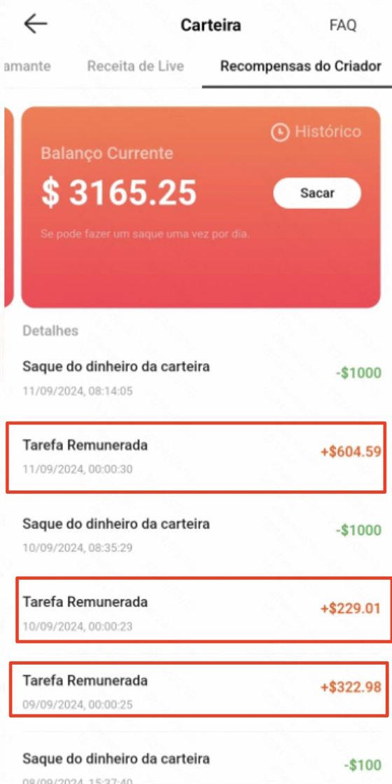 Carteira do Kwai de um criador com saldo de US$ 3.165,25 e recompensas de US$ 604,59, US$ 229,01 e US$ 322,98